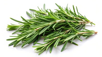 Fototapeta premium Fresh rosemary leaves scattered on a plain white background, showcasing their delicate texture and vibrant green color