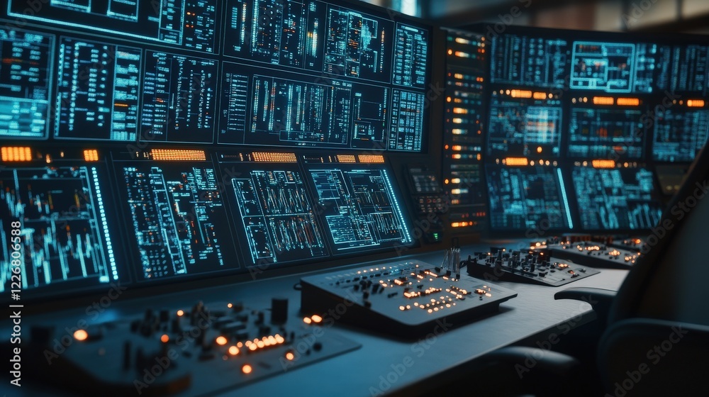 Poster Futuristic Control Room with Digital Interfaces and Screen Displays