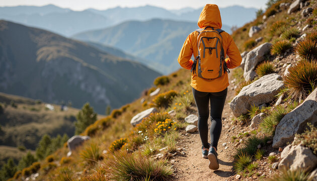 Hiker in ochre jacket explores mountain path, outdoor adventure