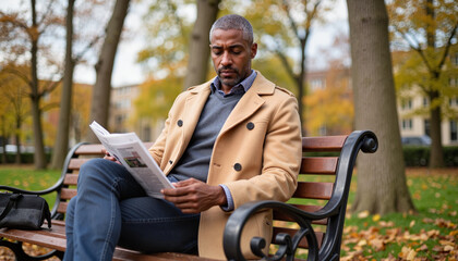 Obraz premium Sophisticated reading by urban trees on a park bench, elegant moment