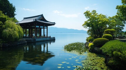 Tranquil waters and traditional Japanese architecture along the coast of Biwa Lake Japan