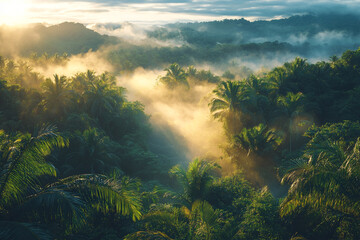 Obraz premium Sunlit Tropical Rainforest Mist Shrouded Palms