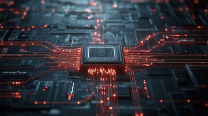 Obraz premium High-Tech Circuit Board with Red Light and Microprocessor Details