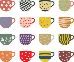 cup illustration set. Colorful and decorative mug for coffee or tea. present comfort image in home, café and restaurant.  