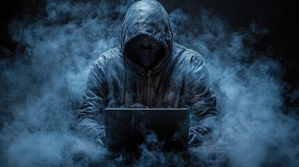 Masked hacker laptop smoke dark cybercrime