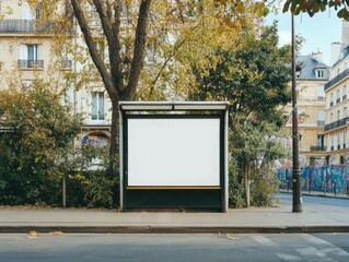 An empty white blank A2 poster mockup at a bus stop in Paris, in daylight, with trees and greenery, on a city street. A mock-up template for advertising design, in high resolution.