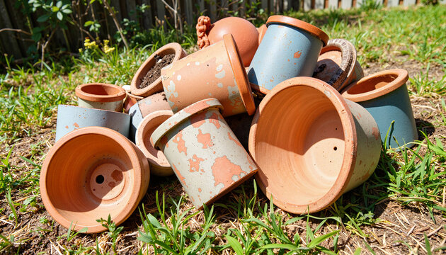 Broken planters scattered in messy yard, nature's decay