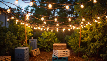 Tangled string lights creating an atmospheric garden scene, evening hope