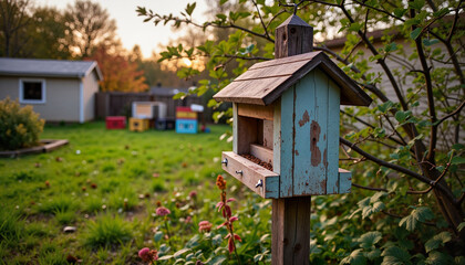 Untidy bird feeder in overgrown garden at dusk, nature's serenity