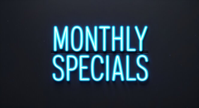 monthly specials word lettering with neon blue glow on plain black dark background