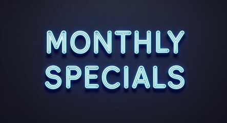 Fototapeta premium monthly specials word lettering with neon blue glow on plain black dark background
