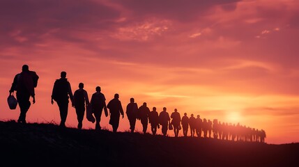 A silhouetted line of people walks towards a vibrant sunset, symbolizing hope and perseverance against a backdrop of colorful clouds.