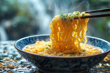 Steaming Noodles Being Lifted From A Bowl In The Rain