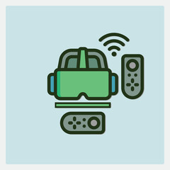 Fototapeta premium Virtual reality headset and two controllers with Wi-Fi signal flat style icon