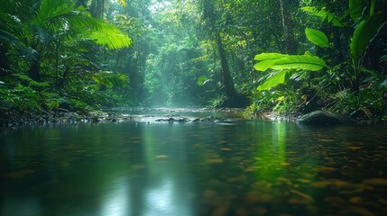 Tropical stream flows through dense green forest.