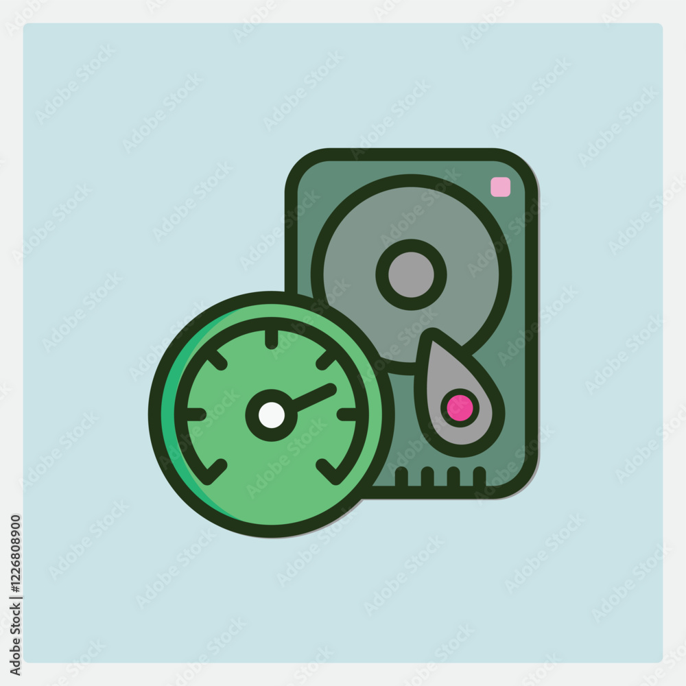 Poster hard disk drive with speed indicator icon symbolizing data processing and storage performance
