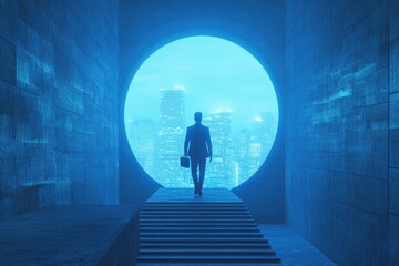 Obraz na płótnie Canvas A businessman walks towards a circular portal with a city skyline view in blue tones