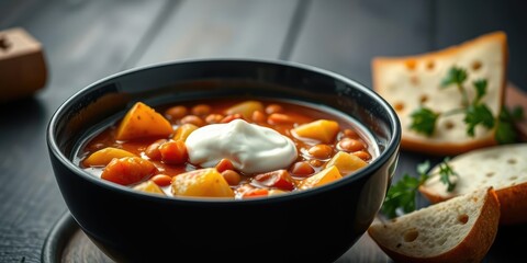 Hearty potato and bean stew in a deep black bowl with a dollop of sour cream on top, warm, earthy, delicious