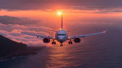 Airplane Landing Over Ocean at Sunset