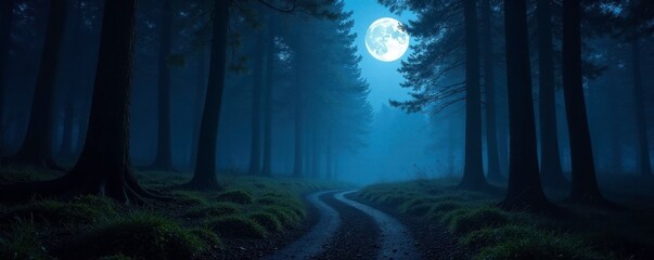 Serene forest darkness shines bright with glowing moonlight on winding path, forest, tree