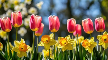Colorful Spring Field of Vibrant Tulips and Daffodils in Full Bloom under Blue Skies