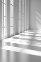 Bright interior space with white walls and sunlight casting shadows through large windows during daytime. Generative AI