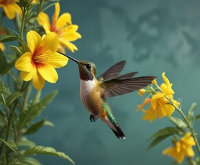 Fototapeta premium Hummingbird sipping nectar from a yellow flower, drink, insect