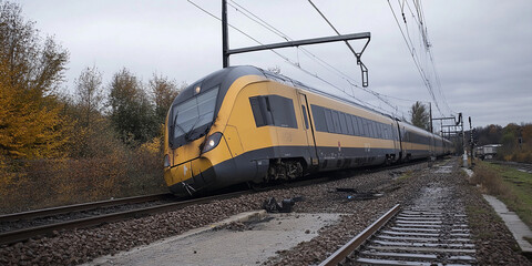 Fototapeta premium Train navigating tracks in a rural area during cloudy weather