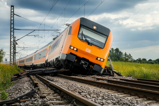 Train derails on track surrounded by green field