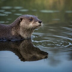 A playful otter looking at its own reflection in a peaceful lake.