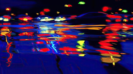 Obraz premium A chaotic night scene with reflections of neon lights, traffic signals, and moving car headlights