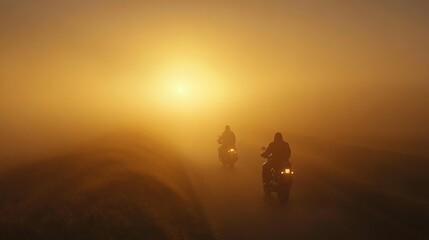 Fototapeta premium Misty dawn road trip, motorcycle riders