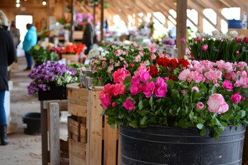 Obraz premium Spring Farmers Market A bustling farmer's market with fresh flowers, fruits, and vegetables displayed on rustic wooden stalls