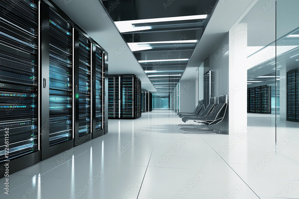 Poster Modern data center with server racks and seating area