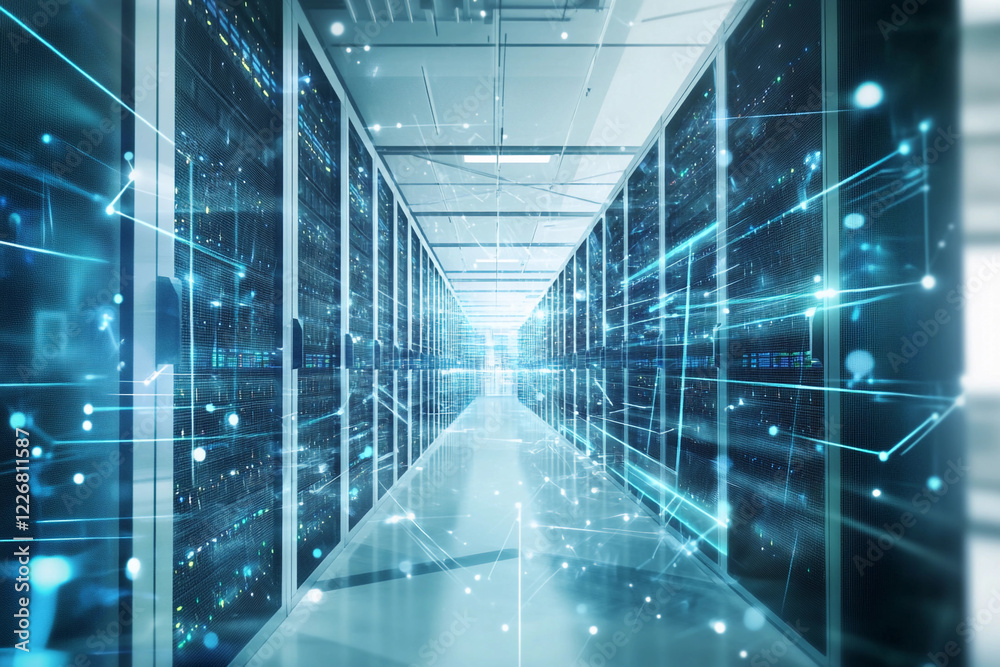 Poster data center with illuminated network connections in facility