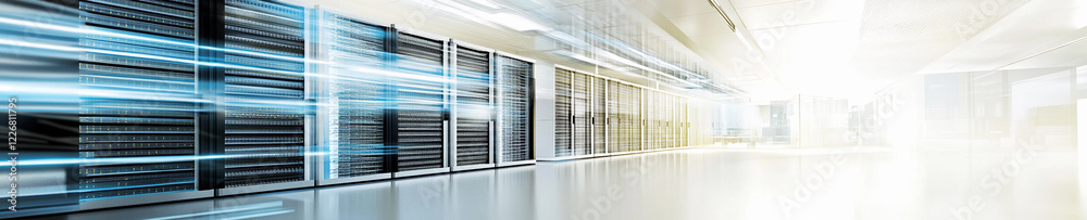 Poster modern data center with advanced technology and bright lighting