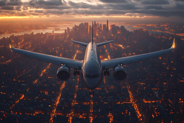 Airplane Approaching City at Night during Sunset