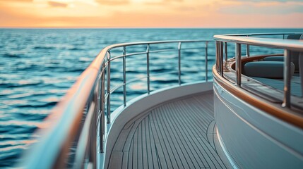 Obraz premium A clean deck of a luxury yacht with modern railings and a seating area. digital
