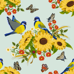 Obraz premium Illustration with birds on sunflowers.Birds and bouquets of flowers with sunflowers on a colored background in a vector pattern.