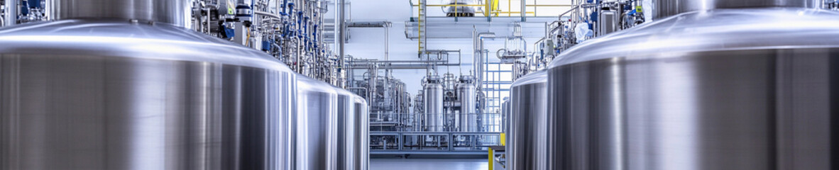 Industrial setup with large stainless steel tanks in factory