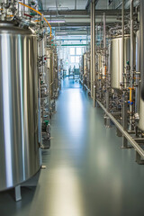 Obraz premium Industrial processing area with large stainless steel tanks