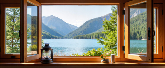 Tranquil mountain lake view from cozy inn window, peaceful retreat