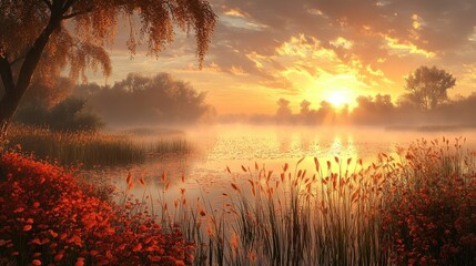 Misty autumn sunrise over calm lake, red plants