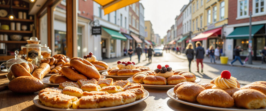 Delicious pastries displayed in bakery window, inviting morning atmosphere