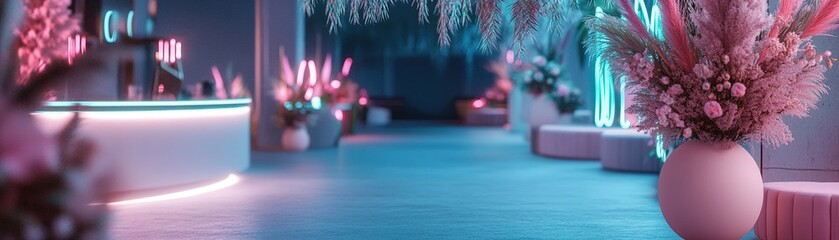 In a lively nightclub atmosphere, glowing tropical leaves create a stunning backdrop, enhancing the mood with vivid colors and luxurious decor during a bustling evening