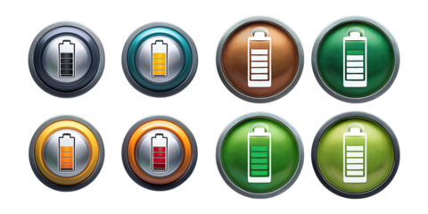 Battery Charge Icons in Various Colors and Levels, PNG collection, set bundle, isolate on transparent or white background