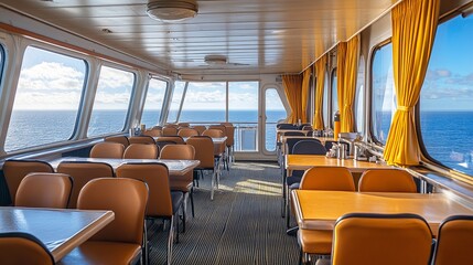 A clean dining area on a cruise ship with ocean views through large windows. digital