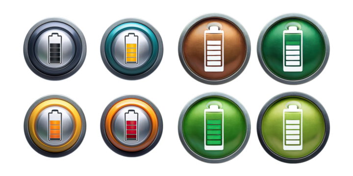 Battery Charge Icons in Various Colors and Levels, PNG collection, set bundle, isolate on transparent or white background
