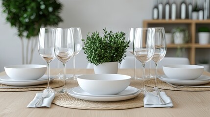 A clean dining table display with a minimalist ceramic dinner set. digital