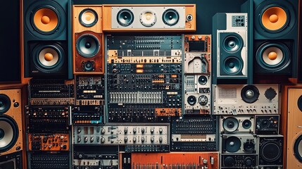 Obraz premium A clean display of recording equipment neatly arranged in a sleek soundproof booth. digital